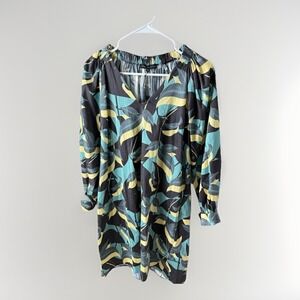 Abbey Glass Sz S Black Yellow Green Leaves  Shift  Dress Knee Length Puff Sleeve